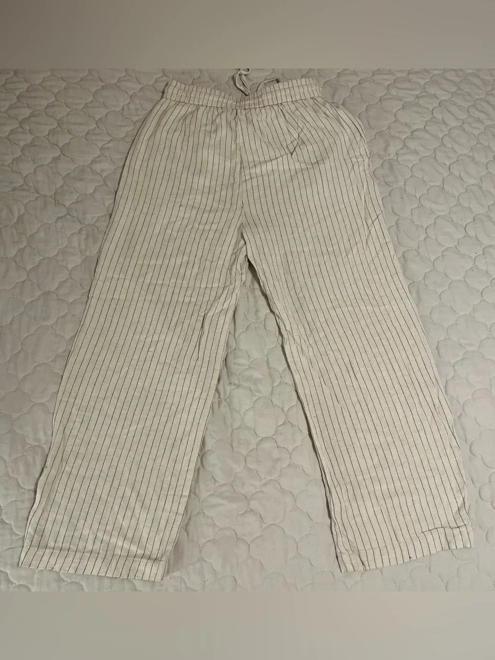 Zara Cream / Off White & Blue Vertical Striped Linen Blend Straight Leg Pants
